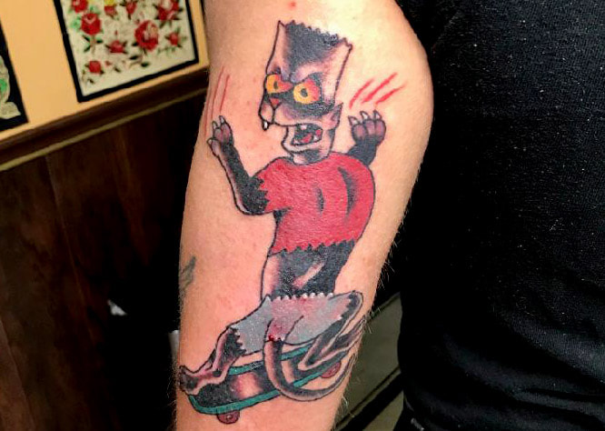 Bart Simpson Panther skateboarding by Mad Max WallaceTop Hat Tattoo, Picture, Max, Mad Max, Mad Max Wallace, Tattoo, Flash, Painting, Top Hat, Artist, Art, american traditional, Panther, Bart, Simpson, Skateboard