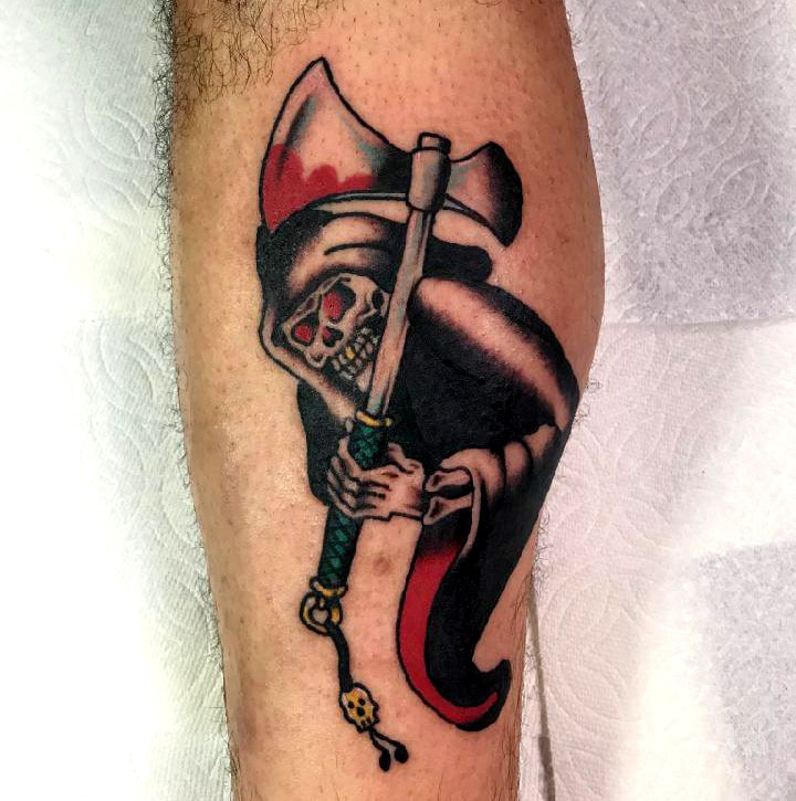 Reaper with Axe by Mad Max Wallace Top Hat Tattoo, Picture, Max, Mad Max, Mad Max Wallace, Tattoo, Flash, Painting, Top Hat, Artist, Art, american traditional, grim reaper, axe, skeleton, skull