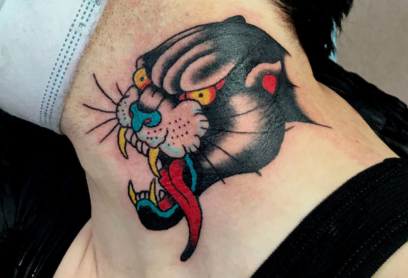 Panther head tattoo on neck by Mad Max Wallace Top Hat Tattoo, Picture, Max, Mad Max, Mad Max Wallace, Tattoo, Flash, Painting, Top Hat, Artist, Art, american traditional, panther, neck