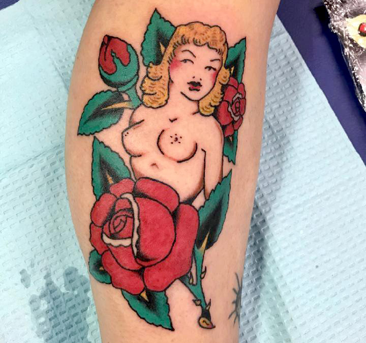 Pin Up Girl with Roses by MadMax Wallace.Top Hat Tattoo, Picture, Max, Mad Max, Mad Max Wallace, Tattoo, Flash, Painting, Top Hat, Artist, Art, Pinup, pin-up, girl, roses, american traditional
