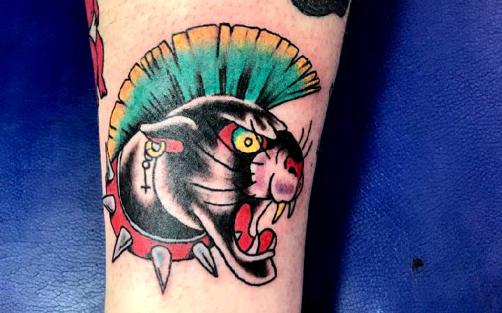 Punk rock panther tattoo with mohawk. Picture, Max, Mad Max, Mad Max Wallace, Tattoo, Flash, Painting, Top Hat, Artist, Art, american traditional, Panther, Mohawk, Punk