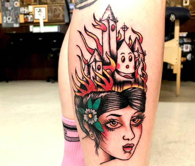 A tattoo of a lady head with a city on fire on top of her head. Picture, Max, Mad Max, Mad Max Wallace, Tattoo, Flash, Painting, Top Hat, Artist, Art, american traditional, Lady, Head, fire
