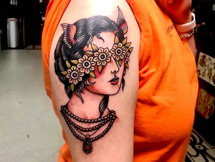 Picture, Max, Mad Max, Mad Max Wallace, Tattoo, Flash, Painting, Top Hat, Artist, Art, american traditional, lady, head, pearls, necklace, flowers, wings