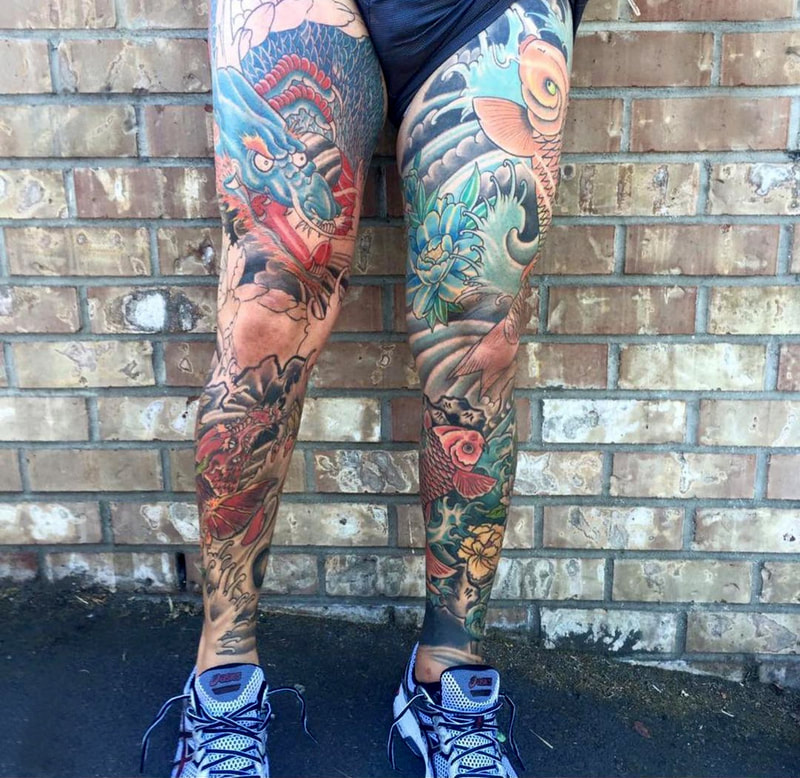 Japanese style Leg tattoo Sleeves by Agus at Top Hat Tattoo