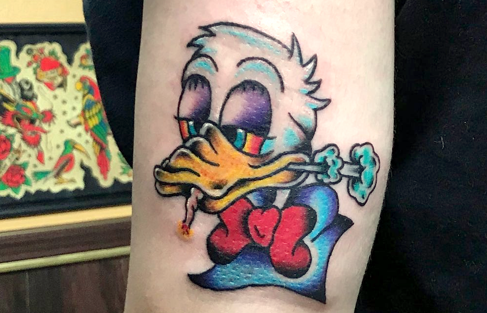 Duck  Tattoo by Mad Max Wallace Top Hat Tattoo smoking,Picture, Max, Mad Max, Mad Max Wallace, Tattoo, Flash, Painting, Top Hat, Duck, Donald Duck, Artist, Art, Joint, weed