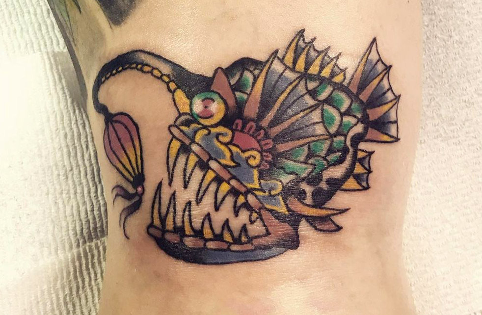 Angler Fish by Mad Max Wallace Top Hat Tattoo. Picture, Max, Mad Max, Mad Max Wallace, Tattoo, Flash, Painting, Top Hat, Artist, Art, american traditional, fish, angler fish, Japanese